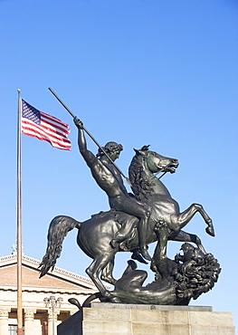 USA, Pennsylvania, Philadelphia, low angle view at statue in front of Philadelphia Museum Of Art