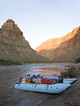 White water raft moored on riverâ€™s edge, Colorado River, Moab, Utah, United States