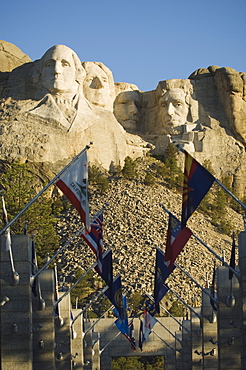 Rows of flags at Mount Rushmore