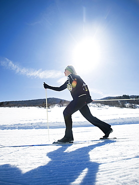 Woman cross country skiing