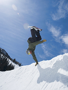 Man performing trick on snowboard