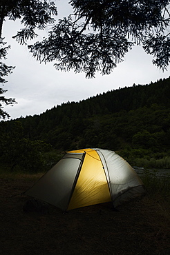 Tent illuminated at night