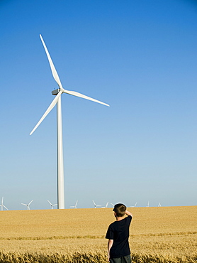 Boy looking at windmill on wind farm