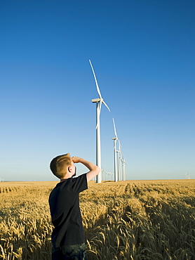 Boy looking up at windmills on wind farm