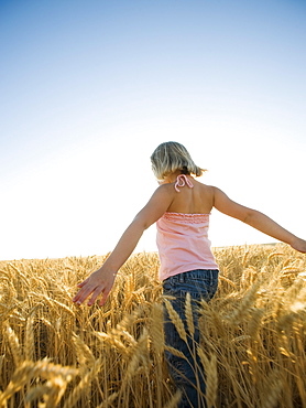 Girl walking through tall wheat field