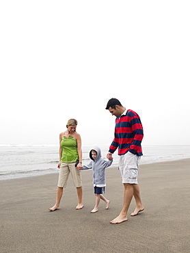 Parents holding hands with son on beach