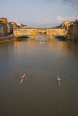 High angle view of people sculling, Ponte Vecchio, Florence, Italy