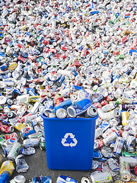 Pile of aluminum cans at recycling plant