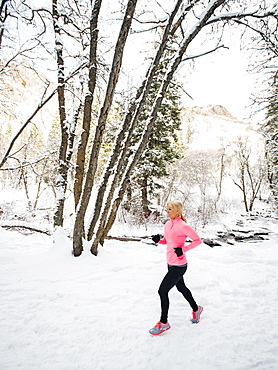 Woman jogging in winter forest, Salt Lake City, Utah USA