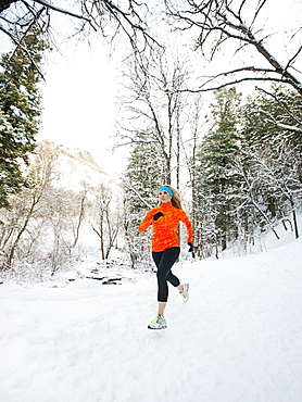 Woman jogging in winter forest, Salt Lake City, Utah USA