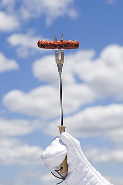 Hot dog on barbeque fork