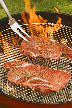 Steaks cooking on grill