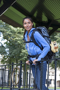 Portrait of young woman with backpack, Hilvarenbeek, Netherlands