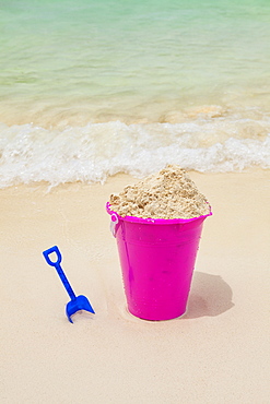 Sand pail and shovel on beach, Mexico, Quintana Roo, Yucatan Peninsula, Cancun