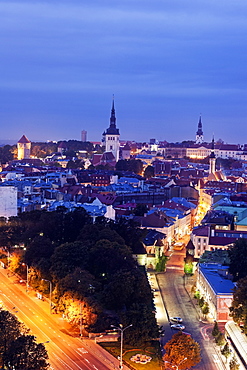 Elevated view of illuminated city at dusk, Tallin, Estonia