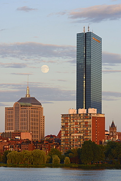 Supermoon rising over Boston and Charles river, Boston, Massachusetts