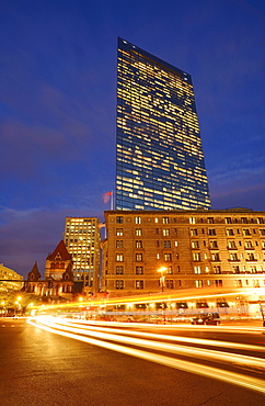 Traffic trails in Copley Square at dusk, Boston, Massachusetts