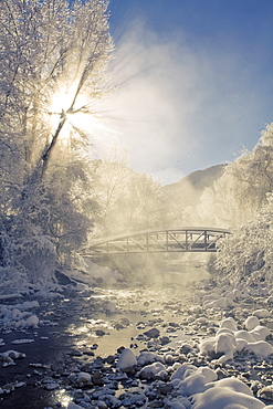 Scenic view of stream in winter, Colorado