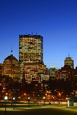 Illuminated office buildings at dusk, Copley Square, Boston, Massachusetts 