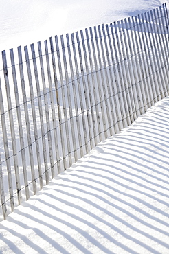 Shadow of fence on snow, New Jersey, USA