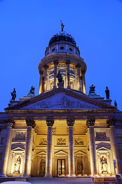 Illuminated French Cathedral against clear sky, Germany, Berlin, Gendarmenmarkt