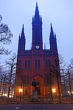 Marktkirche facade illuminated at dawn, Germany, Hesse, Wiesbaden, Marktkirche