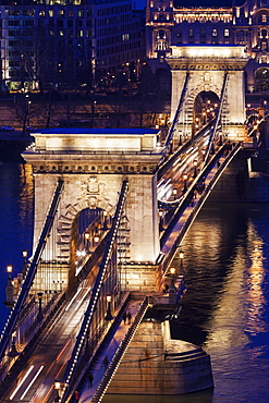 Elevated view of Chain Bridge at night, Hungary, Budapest, Chain bridge