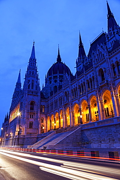 Illuminated Hungarian Parliament and light trails, Hungary, Budapest, Hungarian Parliament