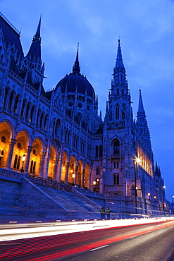 Illuminated Hungarian Parliament and light trails, Hungary, Budapest, Hungarian Parliament