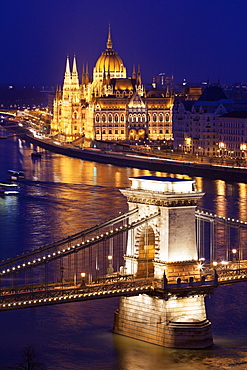 Illuminated Chain Bridge and Hungarian Parliament Building, Hungary, Budapest, Chain bridge, Hungary Parliament