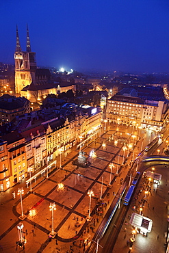 Elevated view of Ban Jelacic Square at night, Croatia, Zagreb