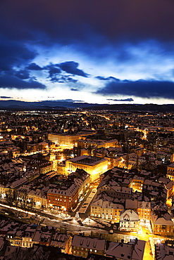 Illuminated cityscape at dusk, Slovenia, Ljubljana