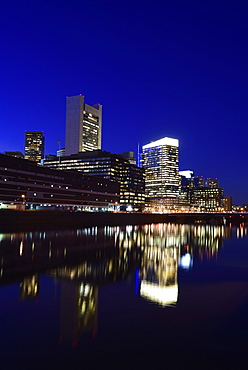 Financial district at night, USA, Massachusetts, Boston, Fort Point Channel