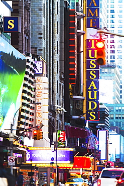 USA, New York, New York City, Times square, 42nd street, Neon lights and advertisements on street