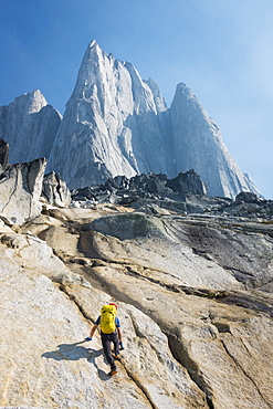 Man mountain climbing in Bugaboo Provincial Park, British Columbia, Canada