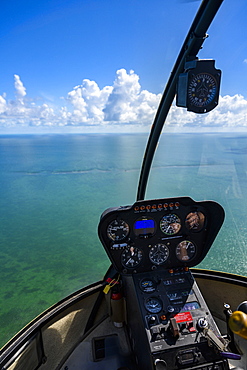 View through cockpit window of sea in Florida Keys, USA