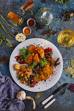 Tempura vegetables with glass of white wine