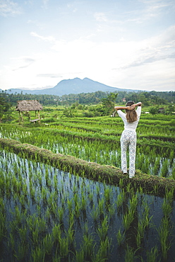 Rear view of woman standing in rice paddy in Bali, Indonesia