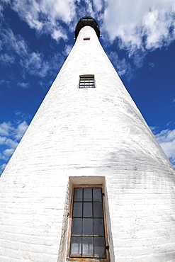 Low angle shot of white lighthouse against sky in Key Biscayne, Florida, United States of America