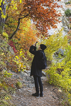 Young woman photographing with smartphone in autumn forest