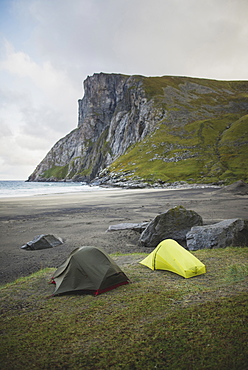 Tents on Kvalvika beach in Lofoten Islands, Norway