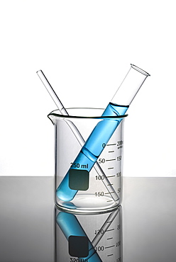 Blue liquid in test tube inside beaker