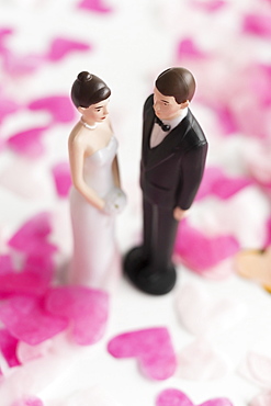 Bride and Groom cake toppers among heart shape confetti 