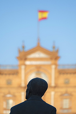 Spain, Seville, Statue of Anibal Gonzales at Plaza de Espana