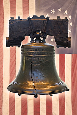 Liberty Bell and American flag with thirteen stars