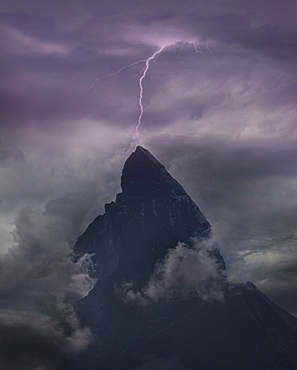 Switzerland, Canton Wallis, Zermatt, Matterhorn, Thunderstorm over Matterhorn