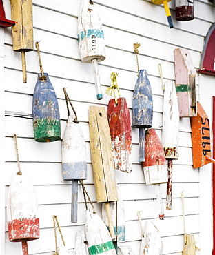 Buoys on a wall in Maine