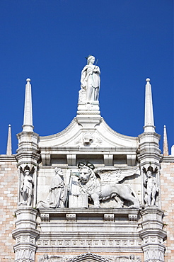 Doges' Palace with Statue of the Doge before the Symbol of Venice Italy