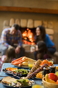 Dinner on table and family with children (10-11, 16-17) sitting by fireplace