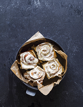 Overhead view of freshly baked cinnamon buns